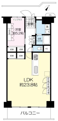 間取り図 LDKは約23.8帖あり、お好きなレイアウトで家具等設置可能です。またキッチンも一回り大きい為、お料理が楽しくなります。